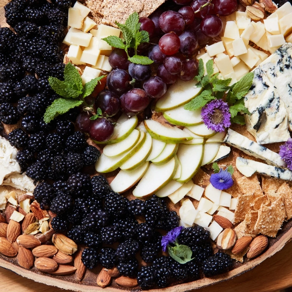 Appetizing Yin-Yang Balance cheese board: a visual symphony of fruits, cheeses, and crackers.