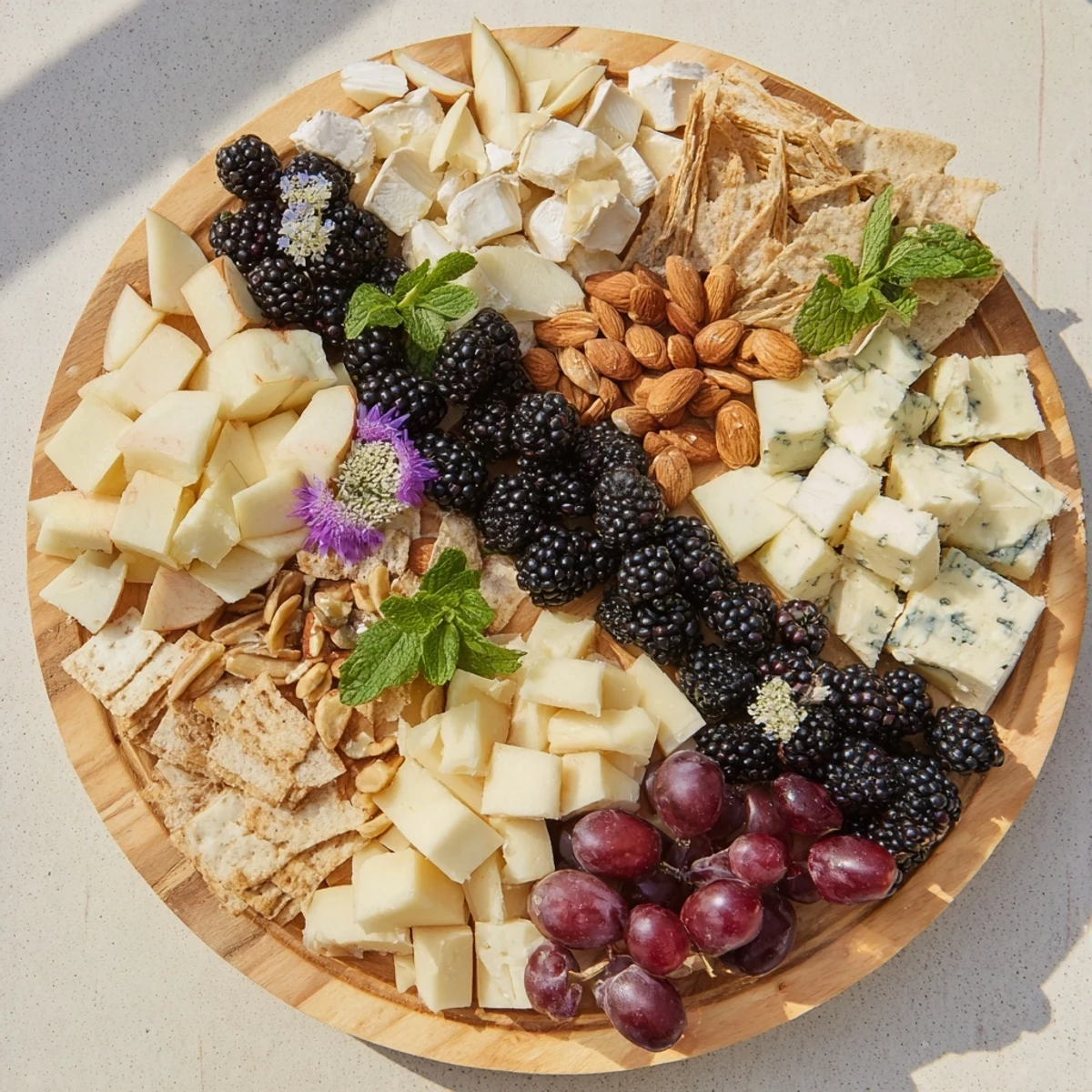 This Yin-Yang Balance appetizer displays sliced cheeses, fresh fruit, and crackers for a balanced bite.