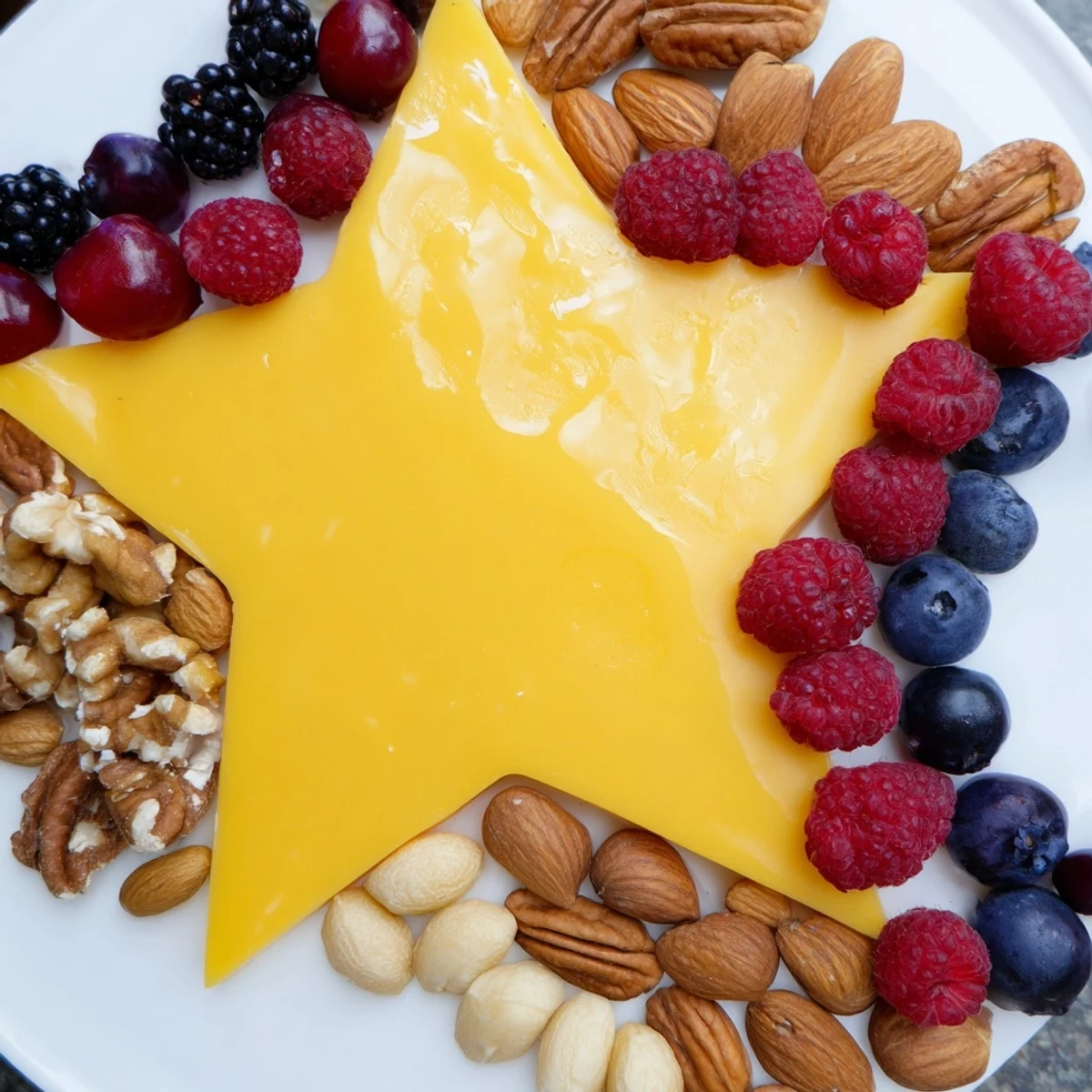 Vibrant berries cascade down from a star cheese centerpiece on this impressive Shooting Star Cheese Board.