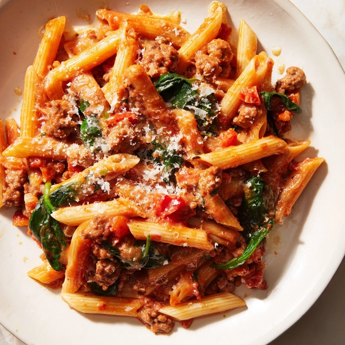 Close-up of One-Pot Italian Sausage Tomato Pasta with visible chunks of sausage in a rich sauce.