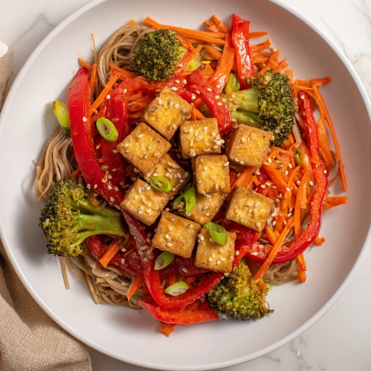 Golden, crispy sesame ginger tofu stir-fry with vibrant vegetables and noodles, a flavorful dinner.