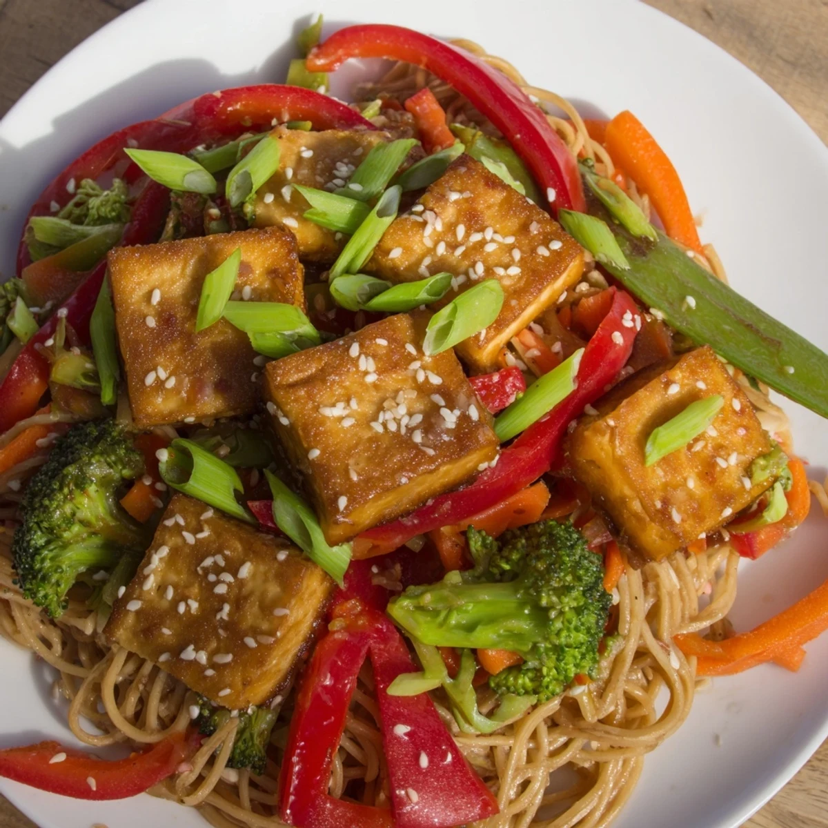This sesame ginger tofu stir-fry features perfectly cooked tofu, coated in a luscious, savory sauce.