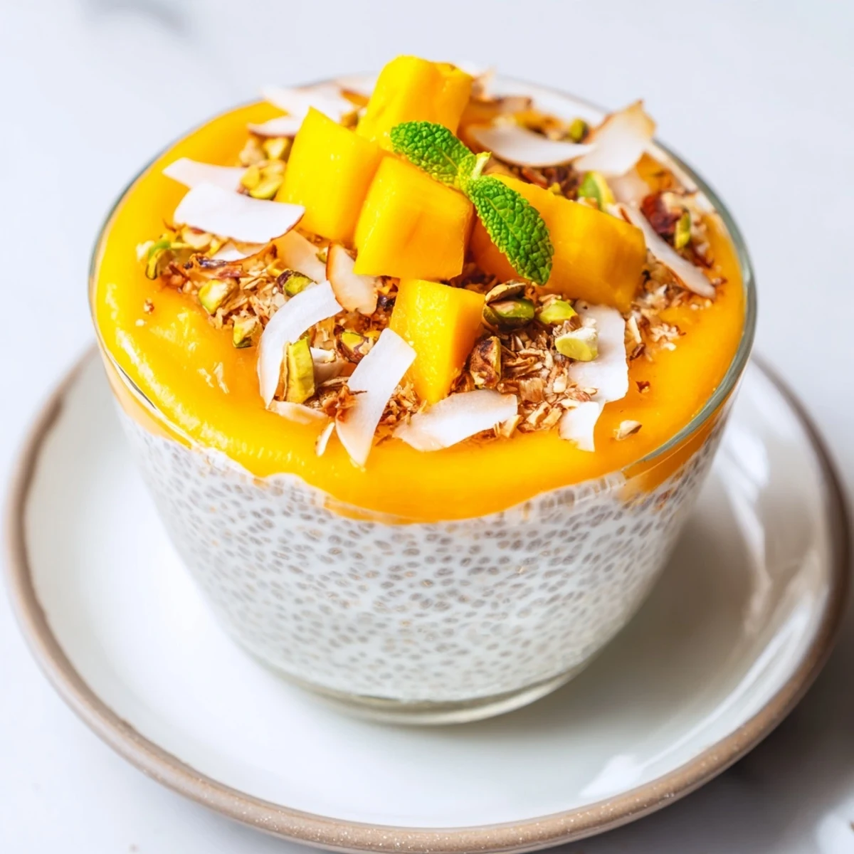 Creamy Mango Coconut Chia Pudding layered with fresh mango, ready to be enjoyed!