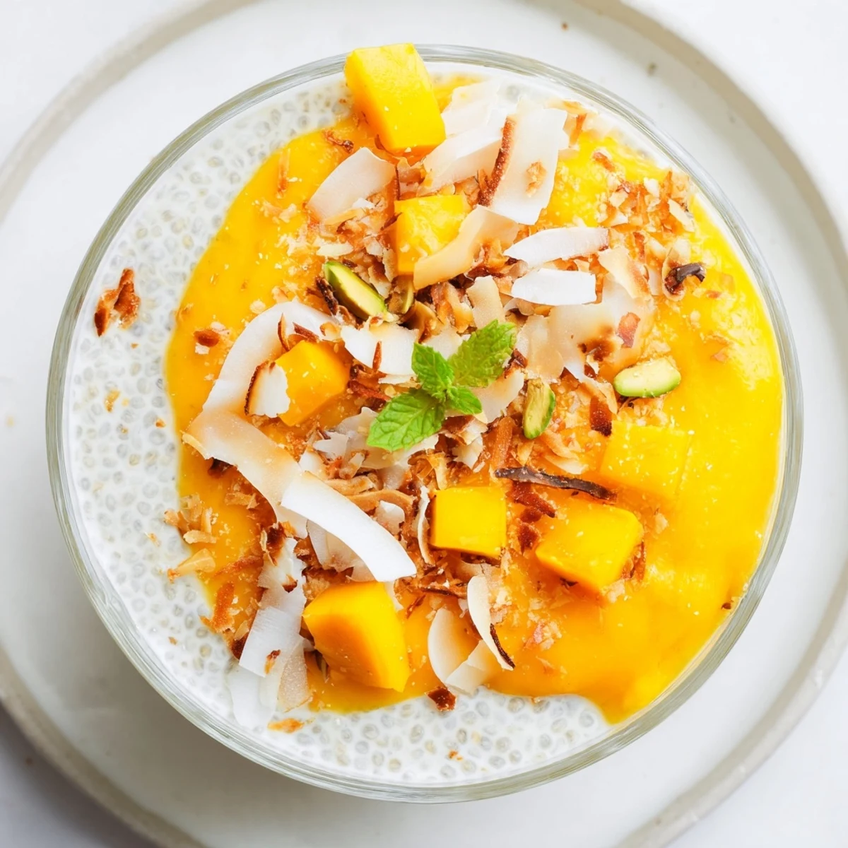 A close-up of vibrant Mango Coconut Chia Pudding, perfect for a refreshing vegan breakfast.