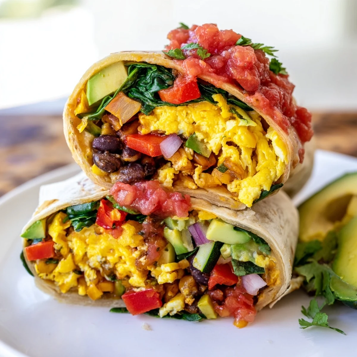Vibrant photo of a veggie-loaded breakfast burrito, showcasing colorful veggies and scrambled eggs, ready to eat!