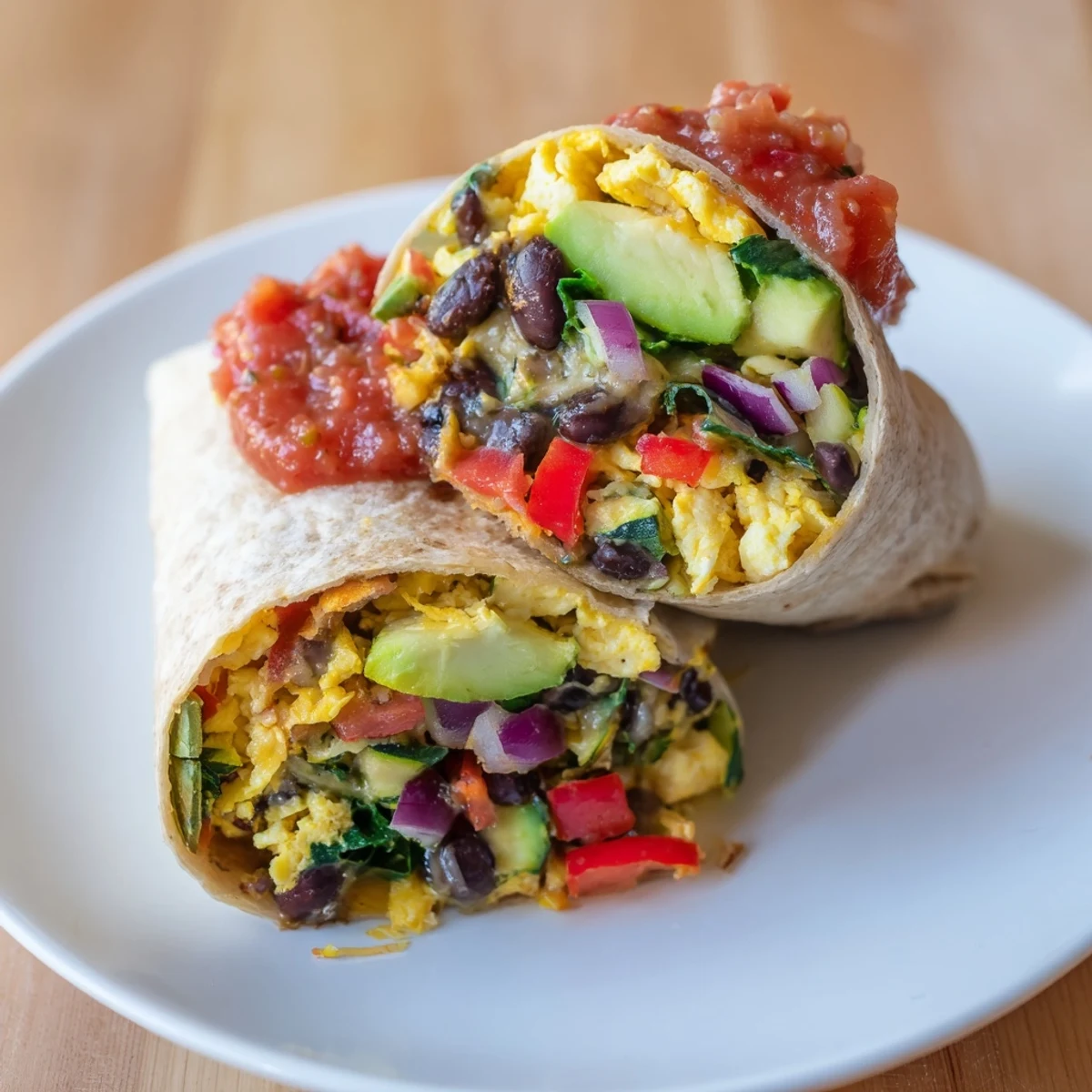 Close-up of a warm, filling veggie-loaded breakfast burrito filled with fresh ingredients and cheese.