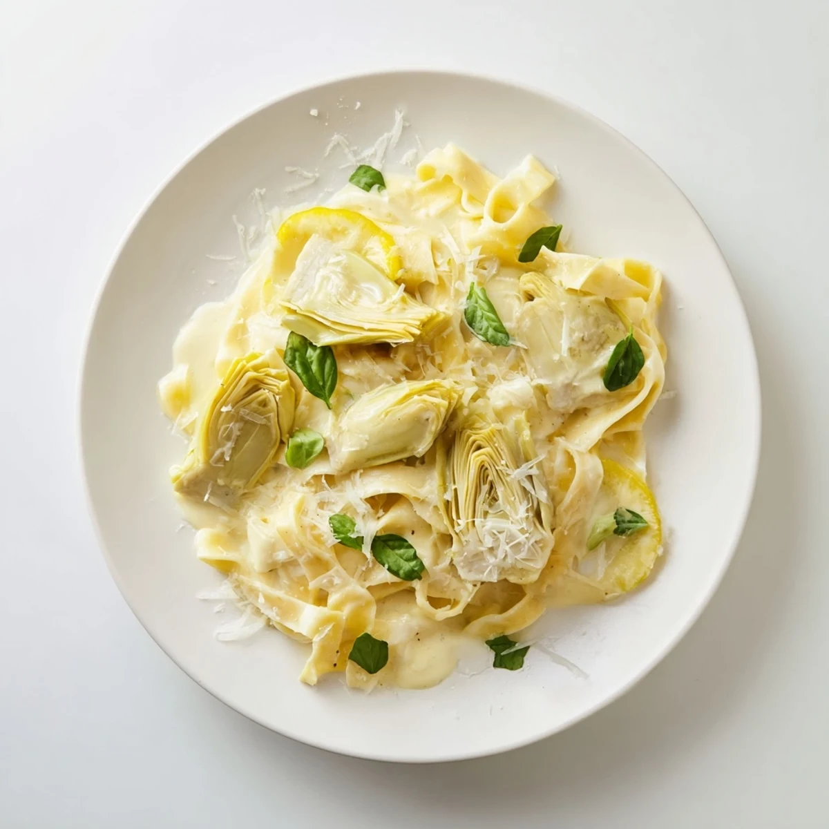 Creamy lemon artichoke pasta, ready to serve, looks vibrant with fresh basil garnish.