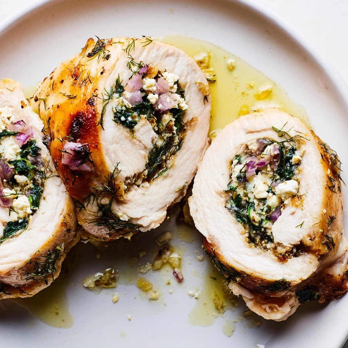 Perfectly rolled Spinach Feta Stuffed Chicken, showing a cross-section revealing the cheesy, herbal filling.
