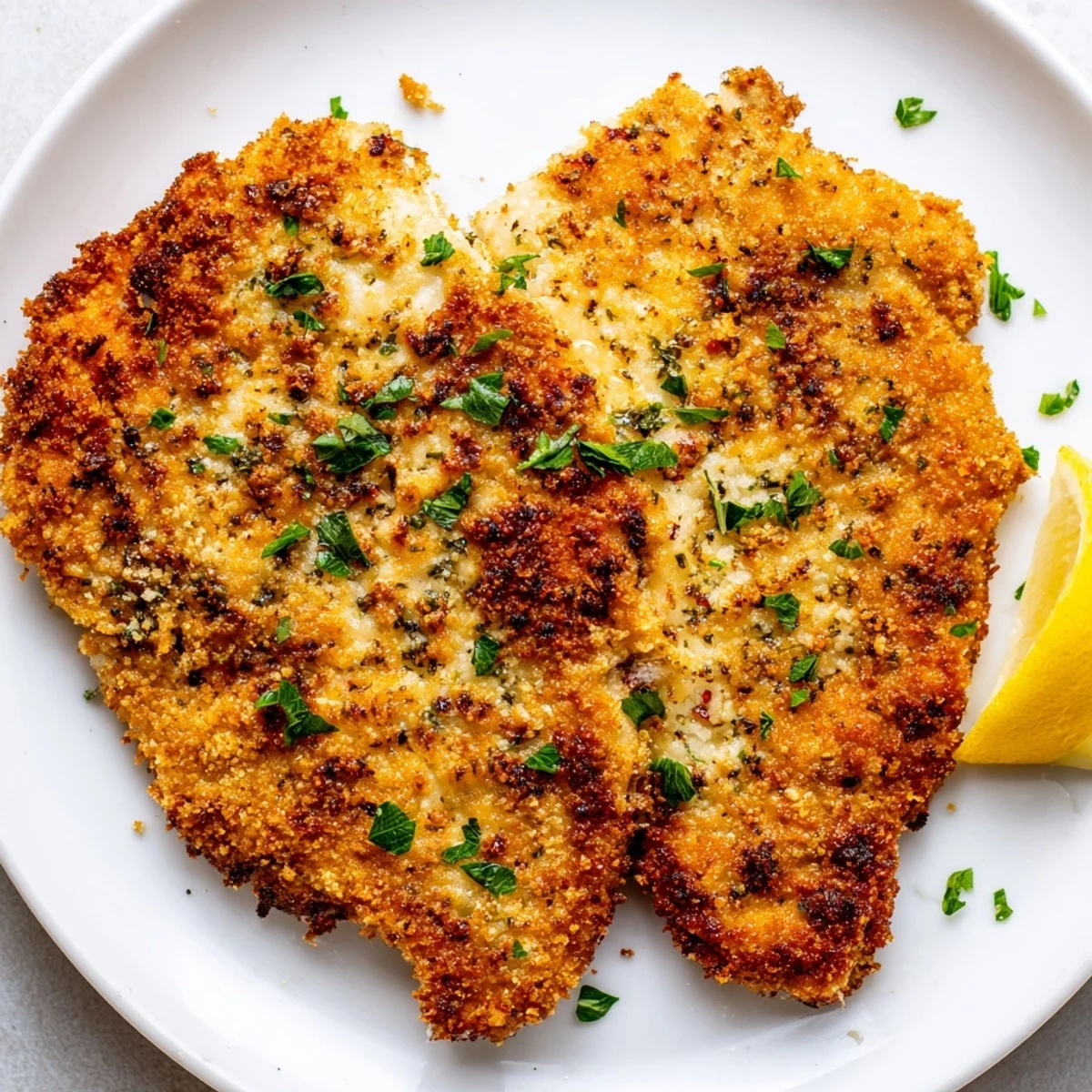 Golden, crispy Parmesan Chicken Cutlets, fresh from the oven, ready to serve with lemon.