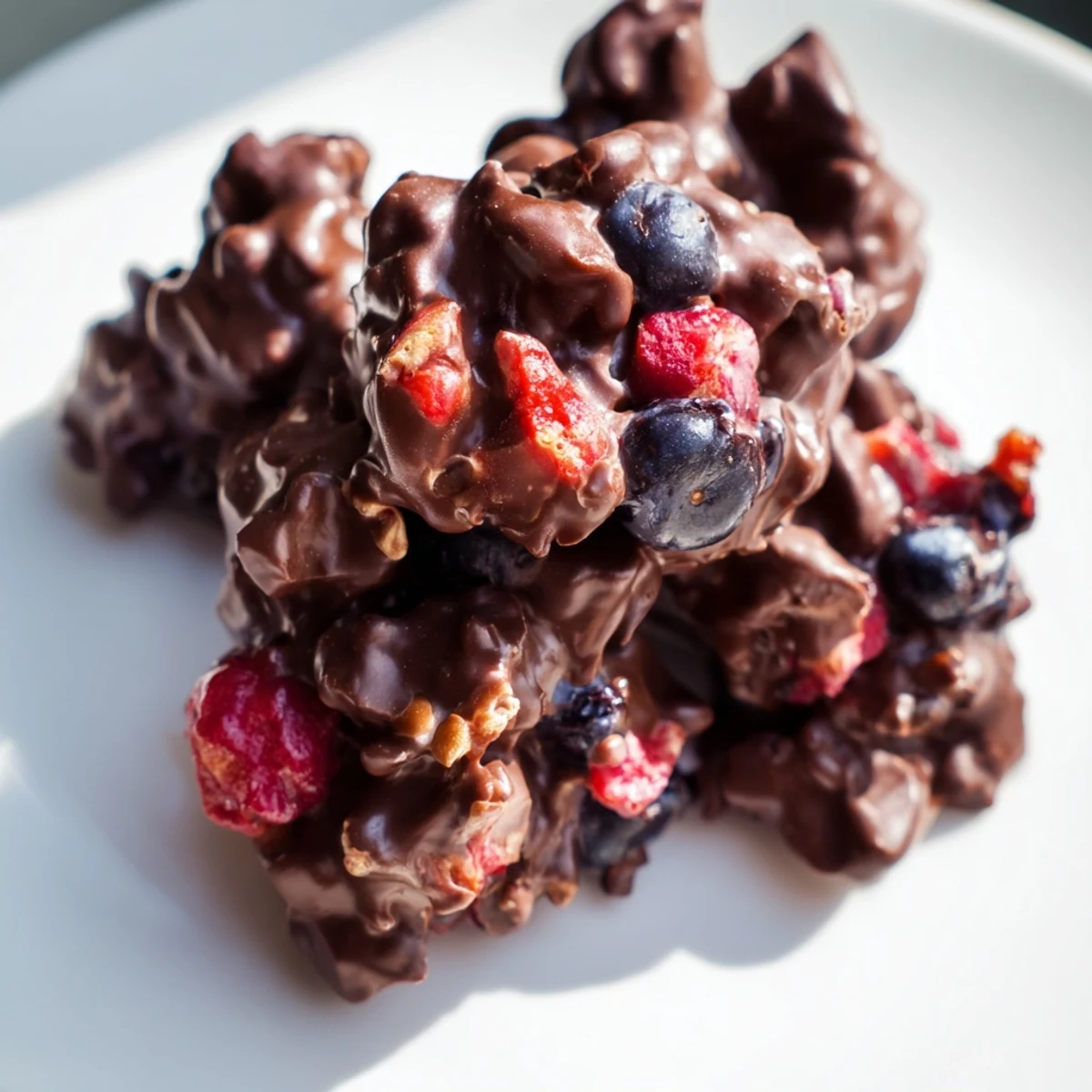 Dark chocolate-covered Chocolate Yogurt Clusters with vibrant berries, a refreshing and easy treat.