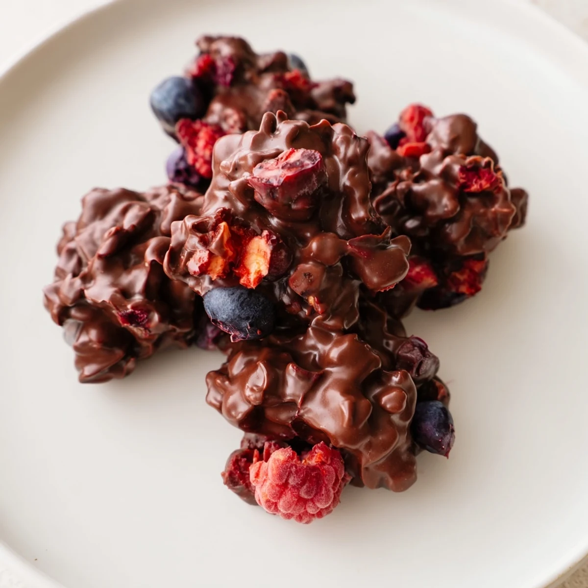 Frozen Chocolate Yogurt Clusters ready to eat: a sweet, crunchy snack bursting with fruity flavor.