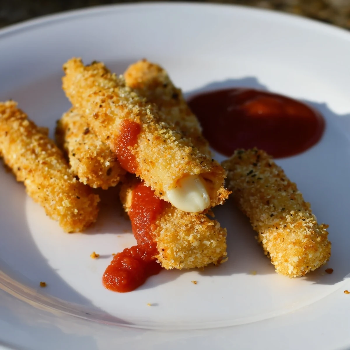 Golden-brown, irresistibly crispy air fryer mozzarella sticks, perfect for dipping in warm marinara.