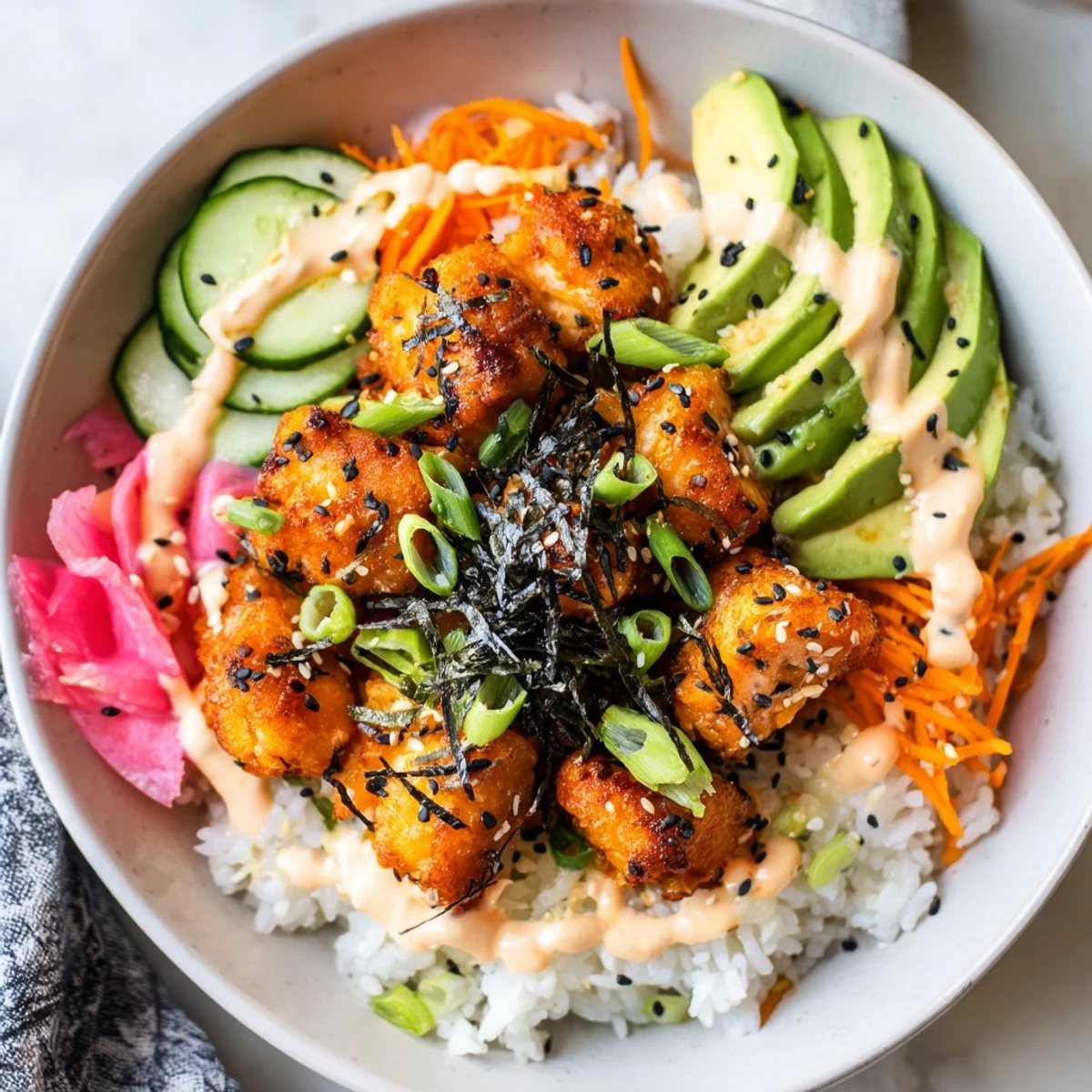 Golden salmon bites nestled in a vibrant bowl with rice and fresh vegetables in the Salmon Bites bowl.