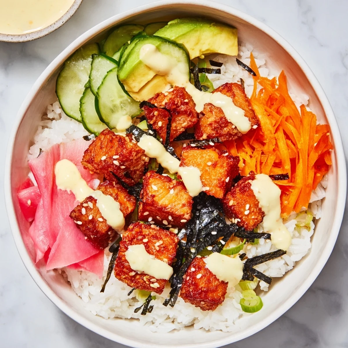 Steaming Salmon Bites Bowl with perfectly cooked salmon, colorful veggies, and a drizzle of spicy mayo.
