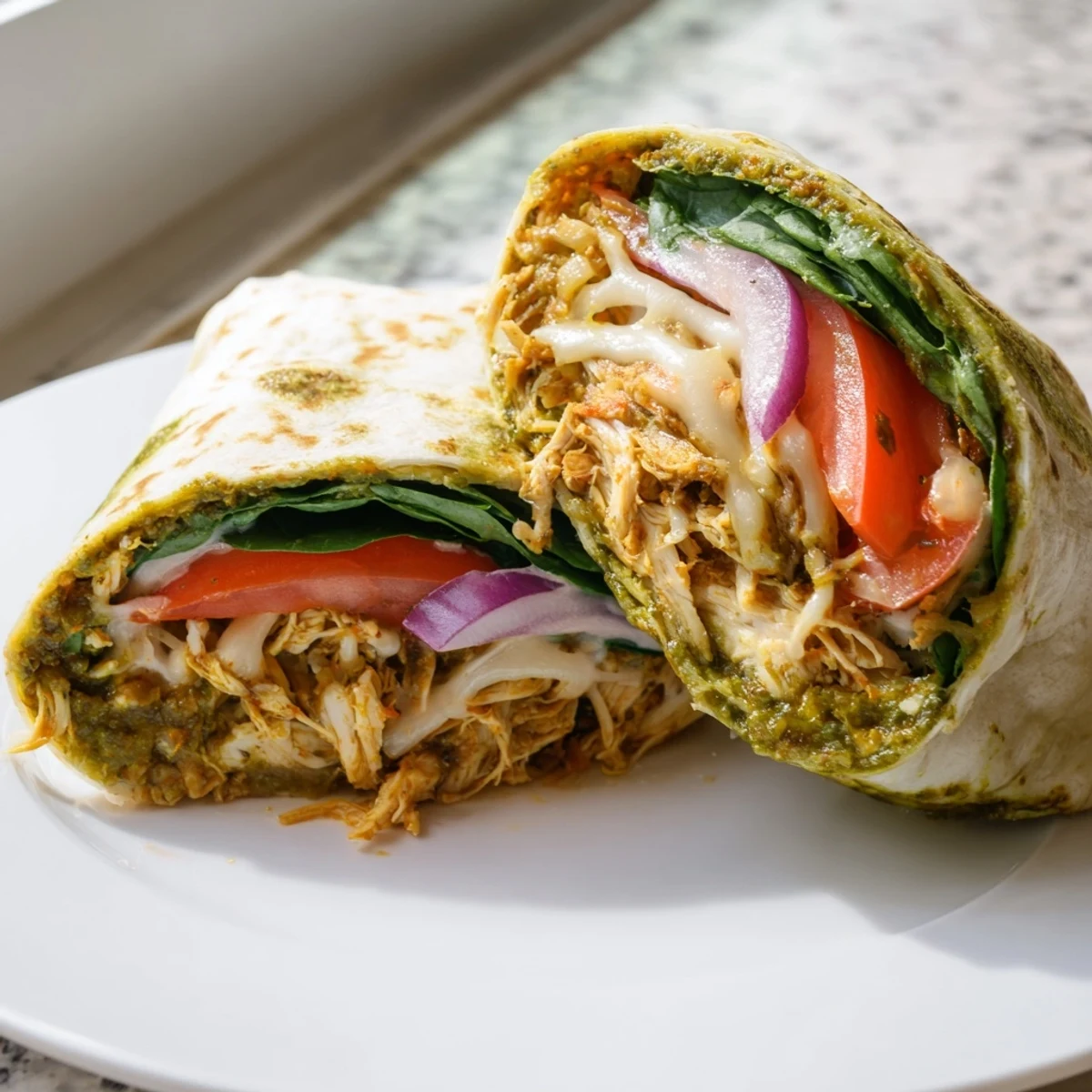 Golden-brown Pesto Chicken Wraps, an easy lunch idea bursting with Mediterranean flavors and cheeses.