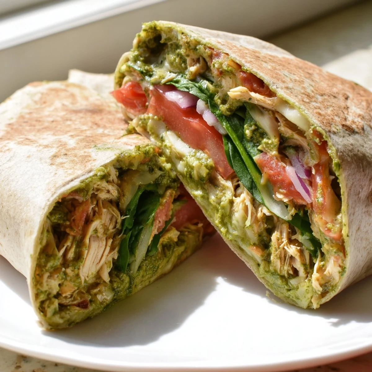 Savory Pesto Chicken Wrap: juicy chicken, vibrant pesto, and fresh veggies wrapped up.