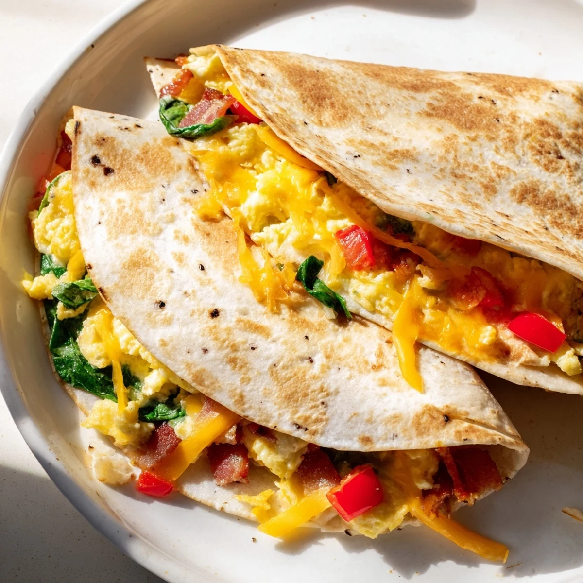 Breakfast Quesadilla, perfectly folded with melted cheese, scrambled eggs, and crispy bacon, ready to eat.