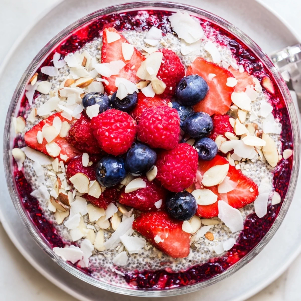 Creamy berry chia pudding layered with vibrant red and blue berries, ideal for a vegan breakfast.