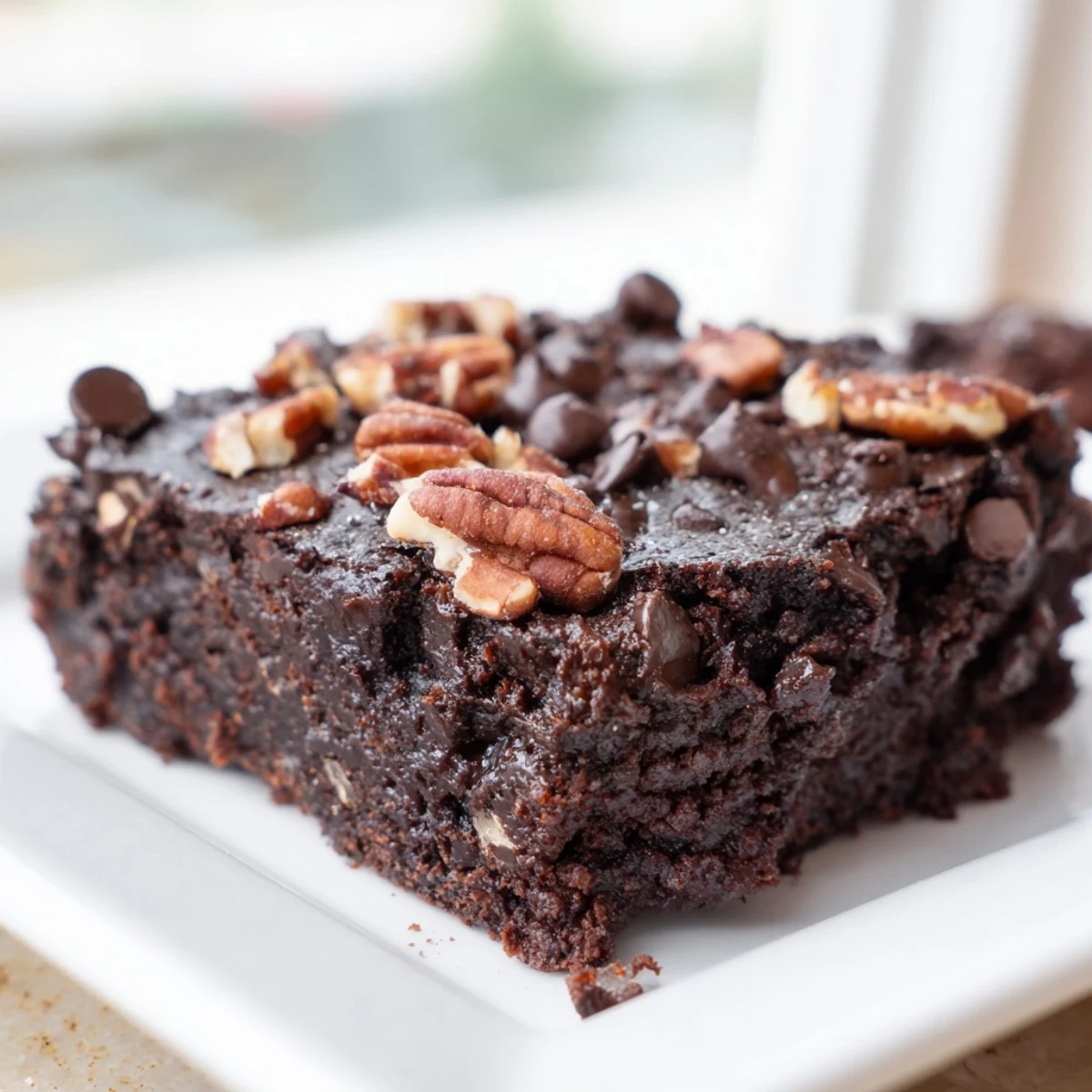 Fudgy Greek yogurt brownies, warm dark chocolate aroma, cooling on a rack before serving.