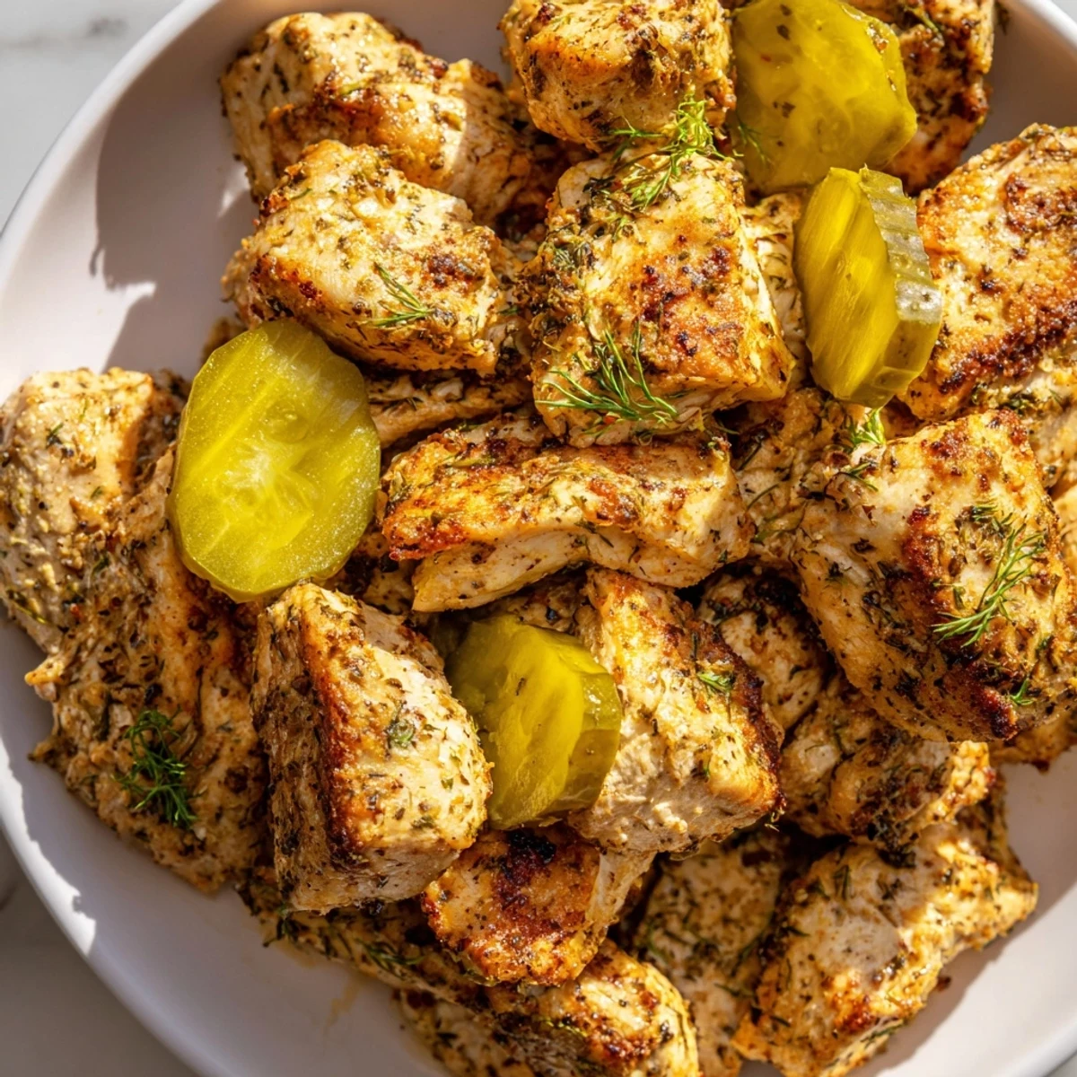 A close-up shot of oven-baked Pickle Ranch Chicken with crispy edges, invitingly flavorful and tender.