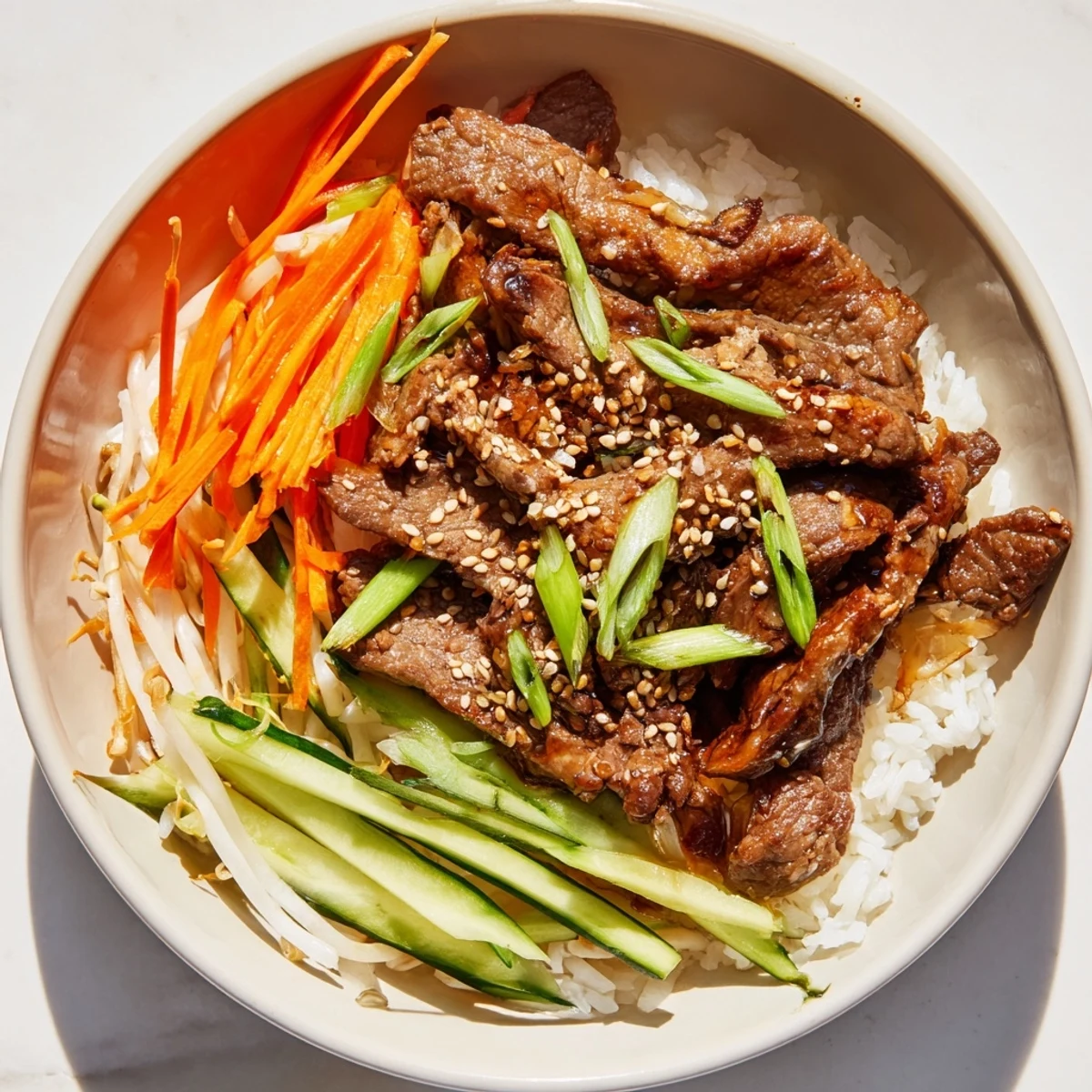 Sizzling bulgogi beef bowl featuring tender marinated beef, vegetables, perfectly steamed rice, and sesame seeds.