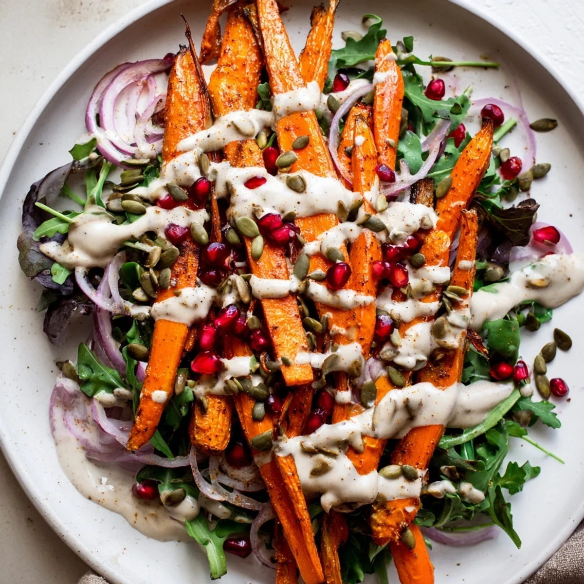 Vibrant Roasted Carrot Salad with tahini sauce, showcasing tender carrots and fresh greens awaiting a delicious bite.