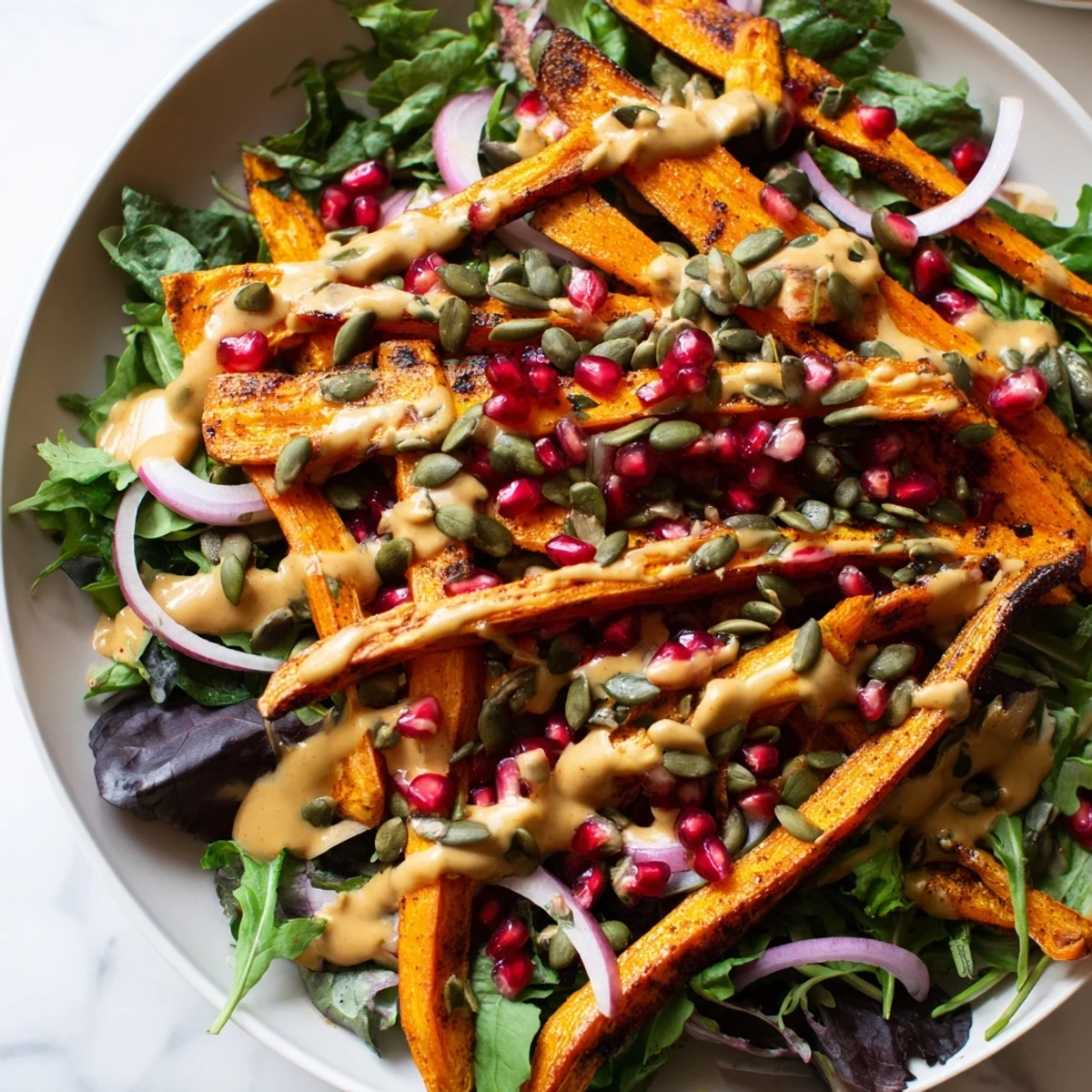 Freshly made Roasted Carrot Salad with a creamy tahini-lemon dressing, perfect for a light, flavorful lunch.