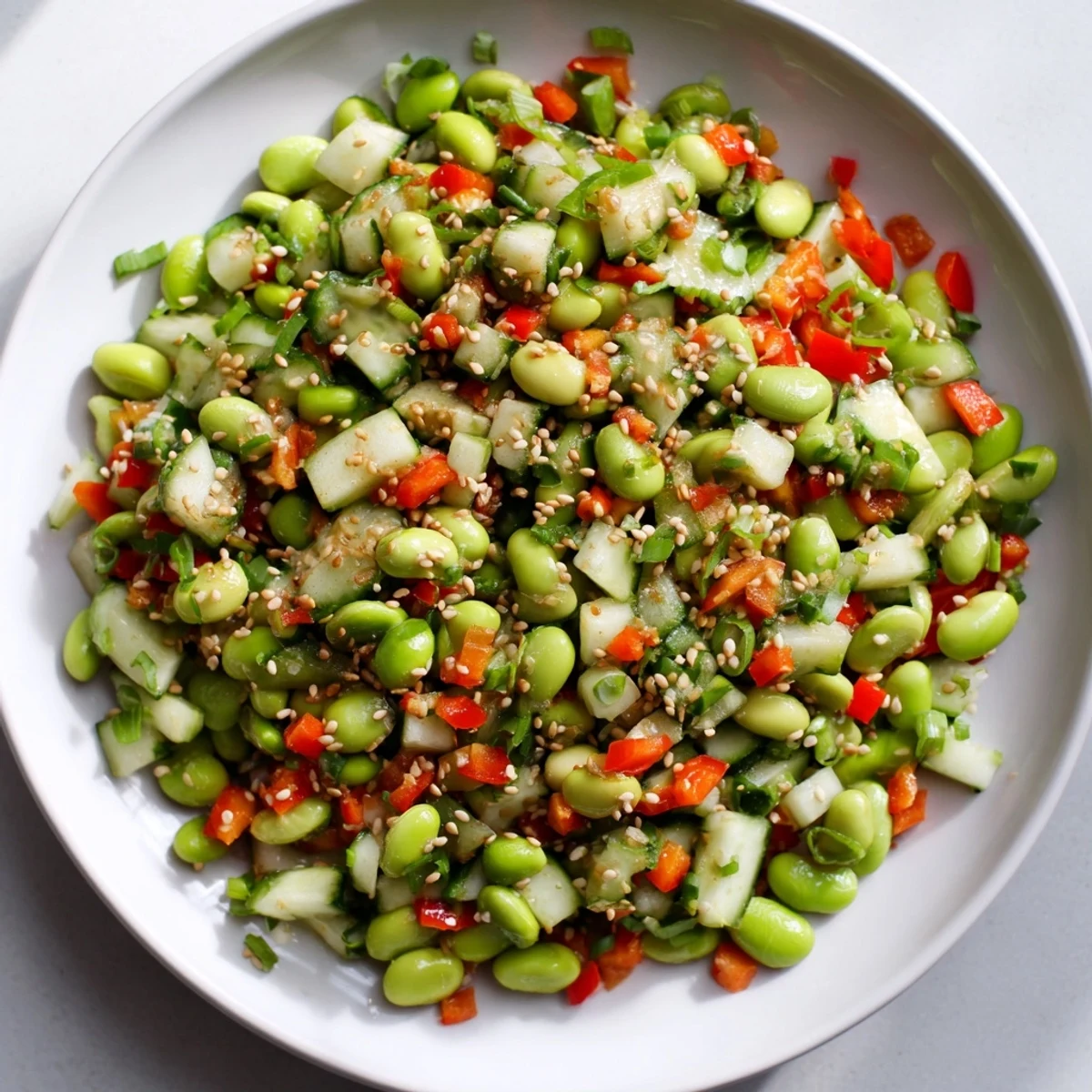 Chilled edamame salad with crisp cucumber and vibrant colors, ready to serve and enjoy.