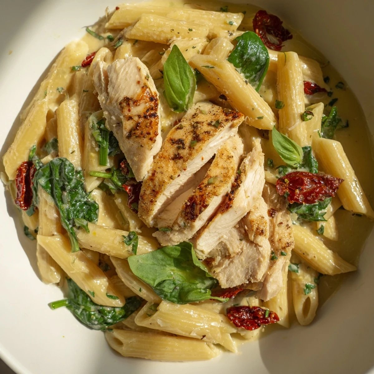 Creamy Tuscan Chicken Pasta with tender chicken and sun-dried tomatoes, a comforting Italian-American dish.