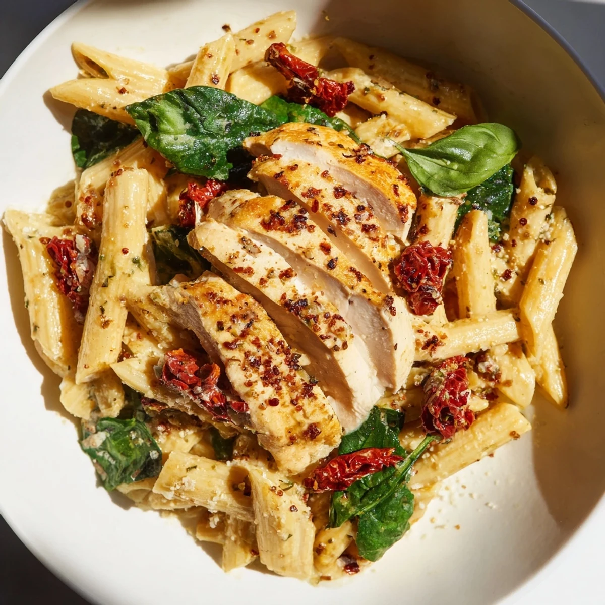 Enjoy the delicious Creamy Tuscan Chicken Pasta; the flavorful chicken complements the creamy sauce perfectly.