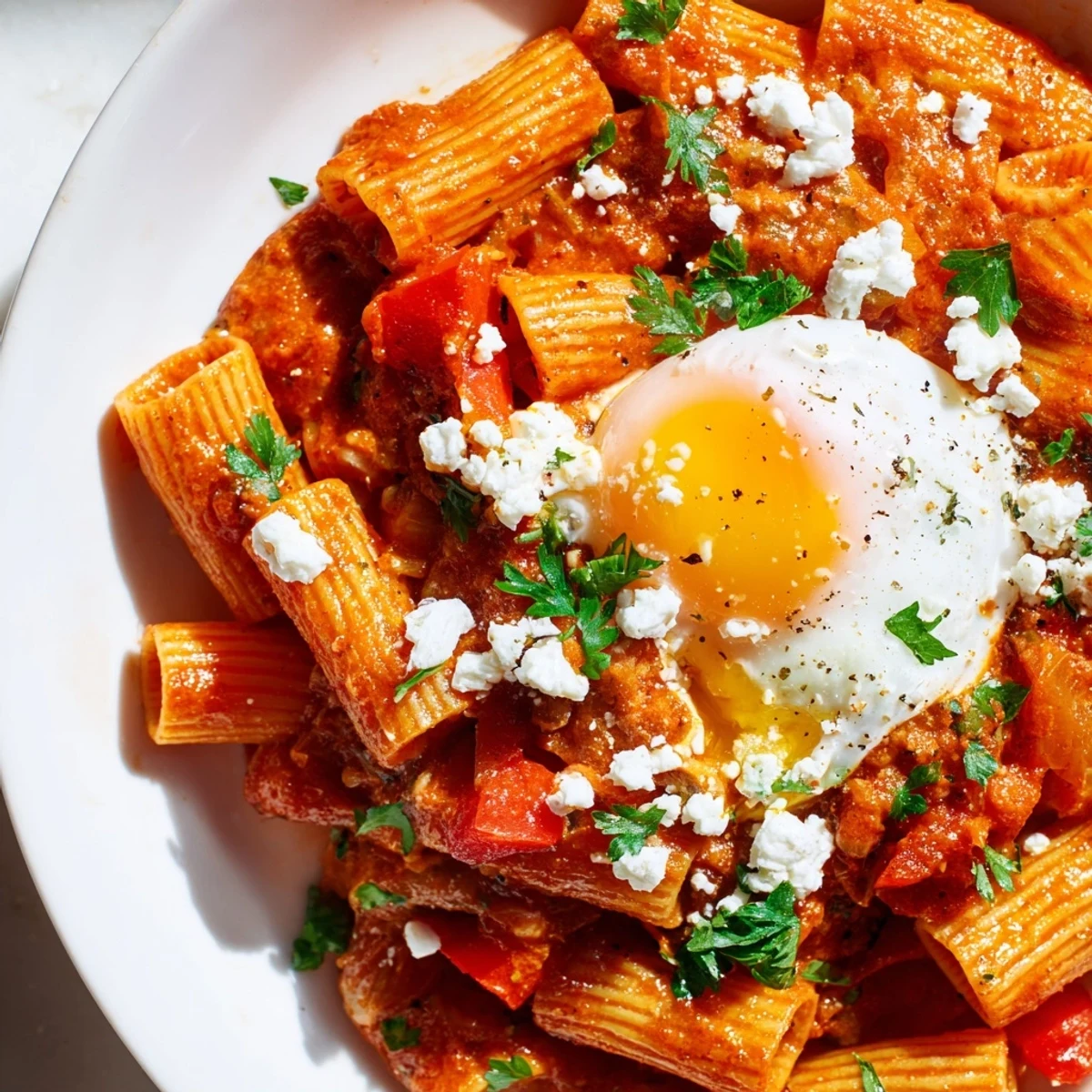 Quick Shakshuka Pasta: a vibrant dish with runny eggs and tender pasta, served immediately.
