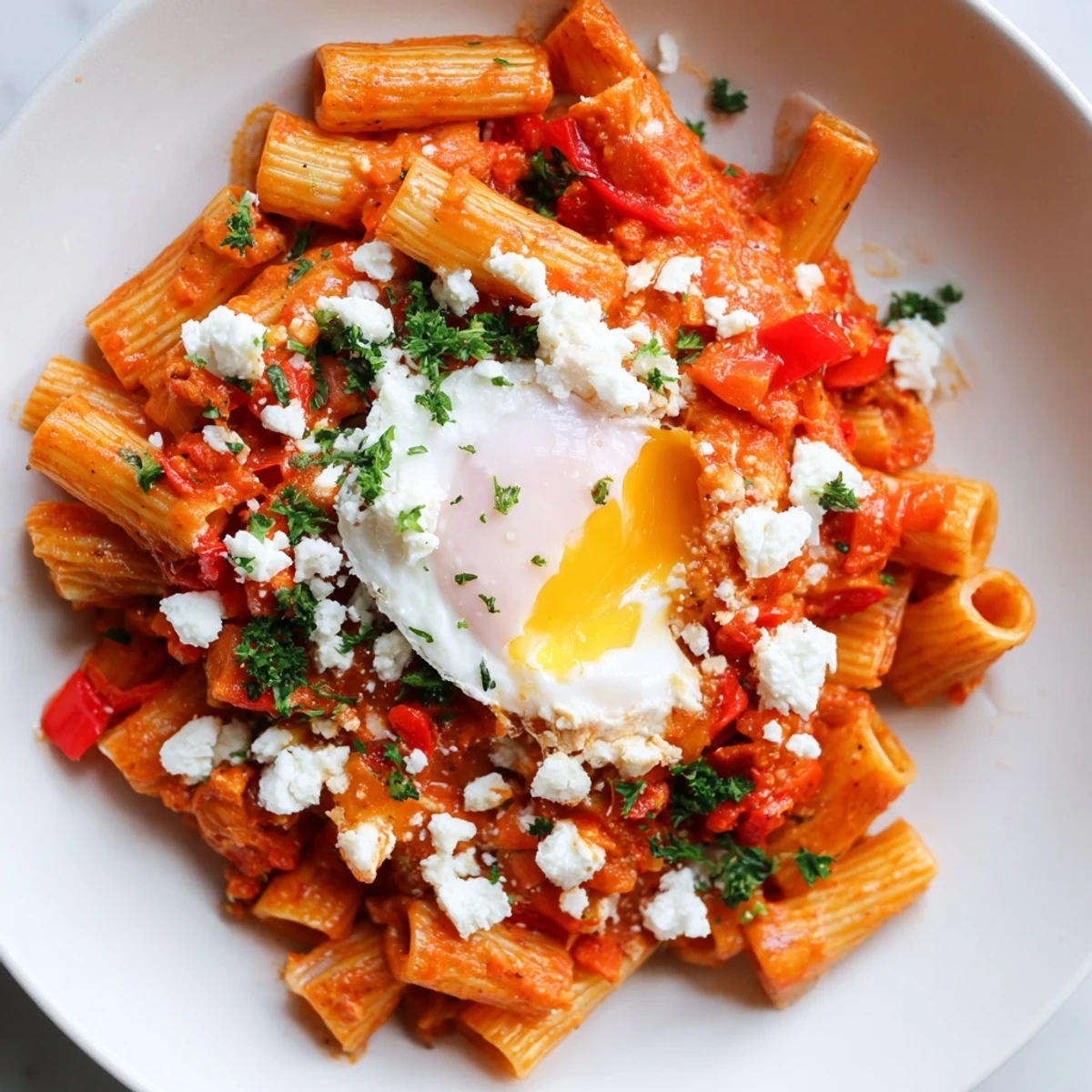 A close-up of Quick Shakshuka Pasta features perfectly cooked eggs nestled in a rich, flavorful tomato sauce.