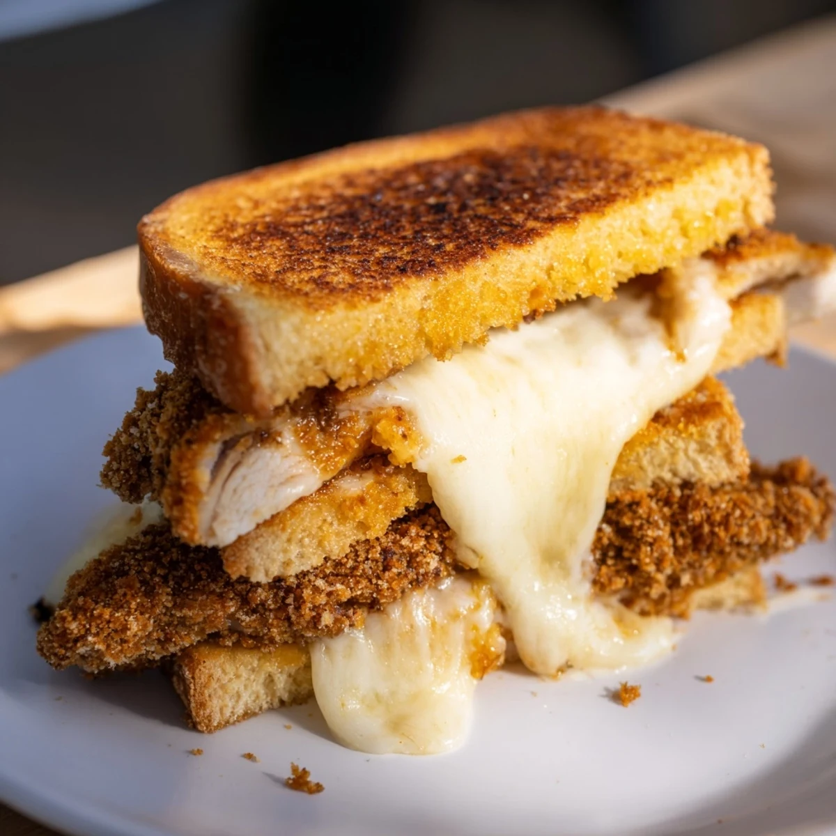 Golden, crispy Parmesan Chicken Thighs Grilled Cheese, with melted cheese and toasty bread.