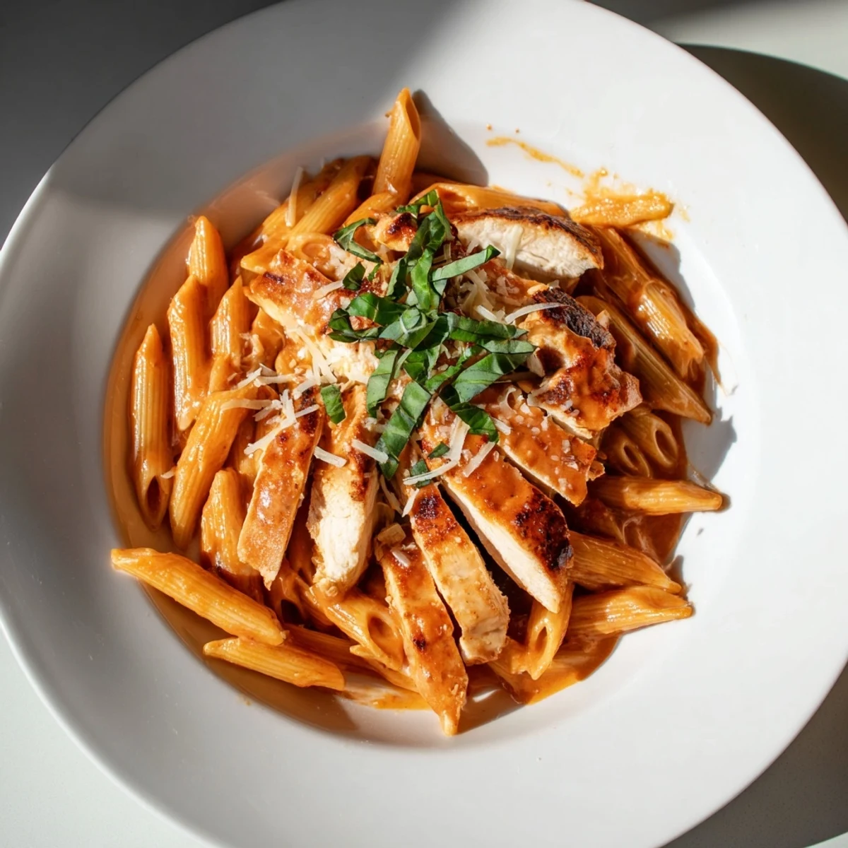 Creamy Tomato Basil Chicken Pasta with fresh basil and parmesan, ready for a comforting dinner.