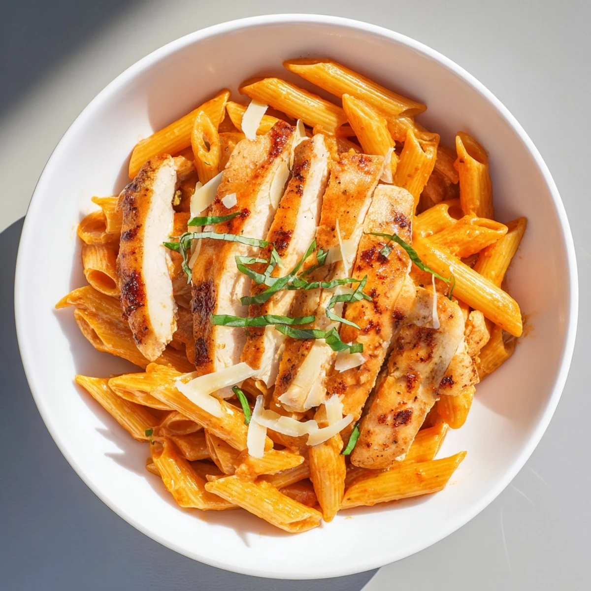 This photo shows a plate of the rich Creamy Tomato Basil Chicken Pasta, perfectly plated and ready to eat.