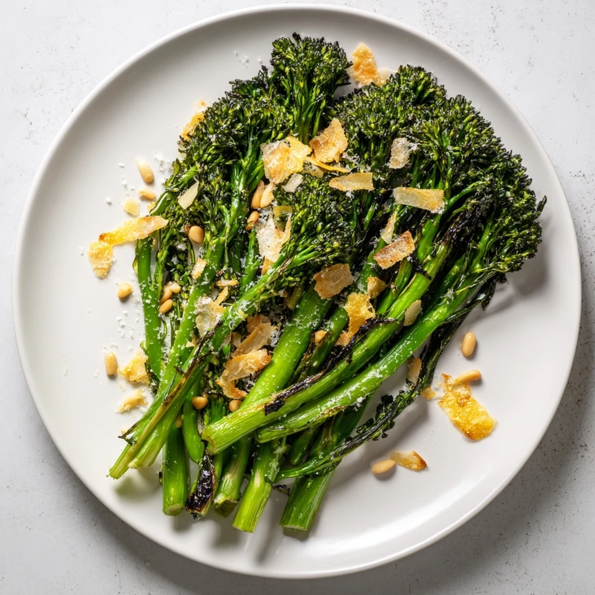 Roasted broccolini salad, a colorful dish with the bright zest of lemon and shaved Parmesan.