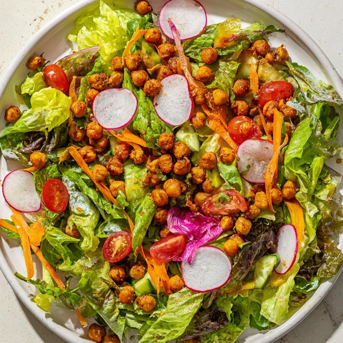 A fresh Mixed Greens Salad with crispy chickpea croutons, a delightful vegan meal.