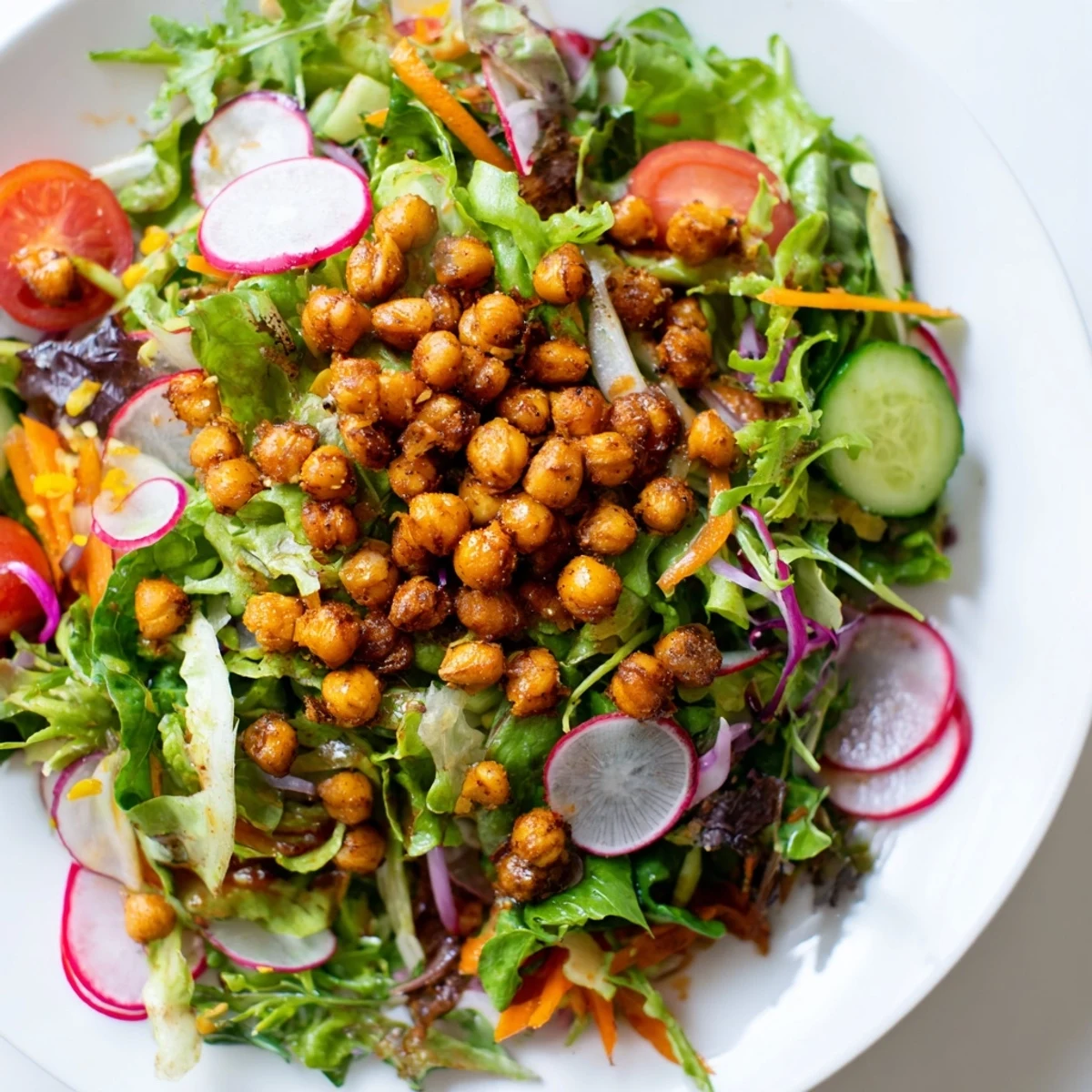Enjoy a colorful bowl of Mixed Greens Salad with crispy, spiced chickpea croutons and fresh veggies.