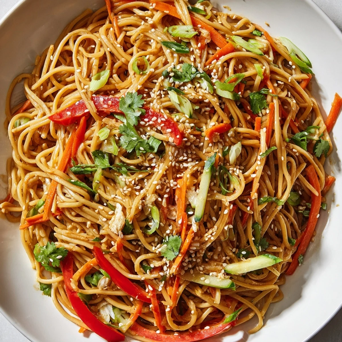 A bowl of Garlic Noodle Salad with vibrant vegetables, glistening after the savory dressing.