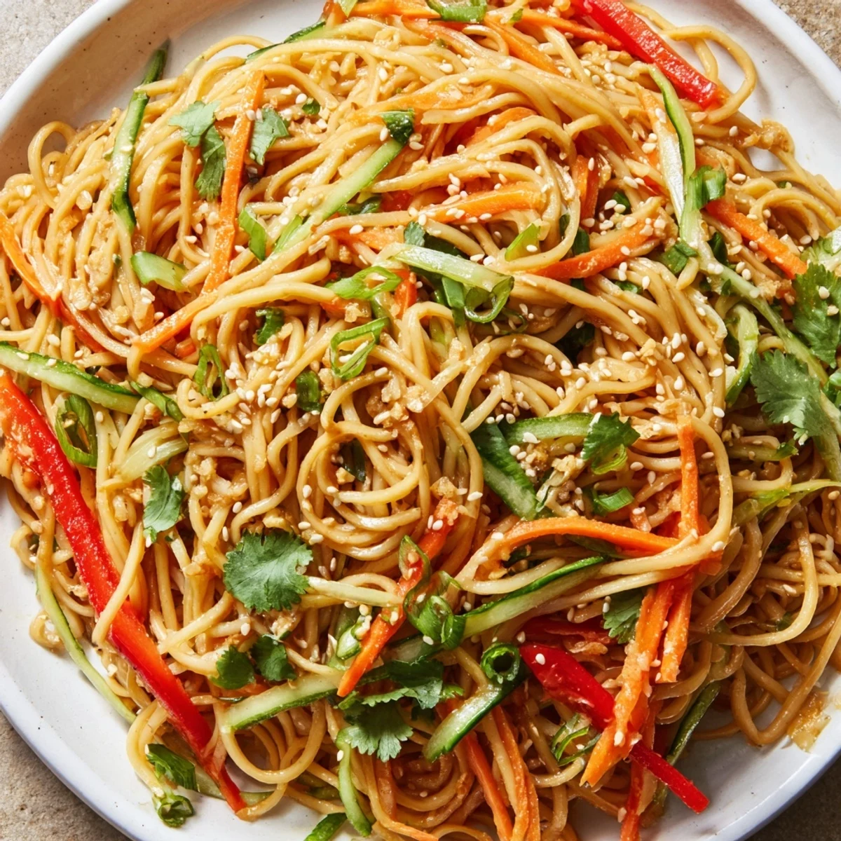 This Garlic Noodle Salad shows a delicious, colorful mix ready to provide flavorful bites for lunch.