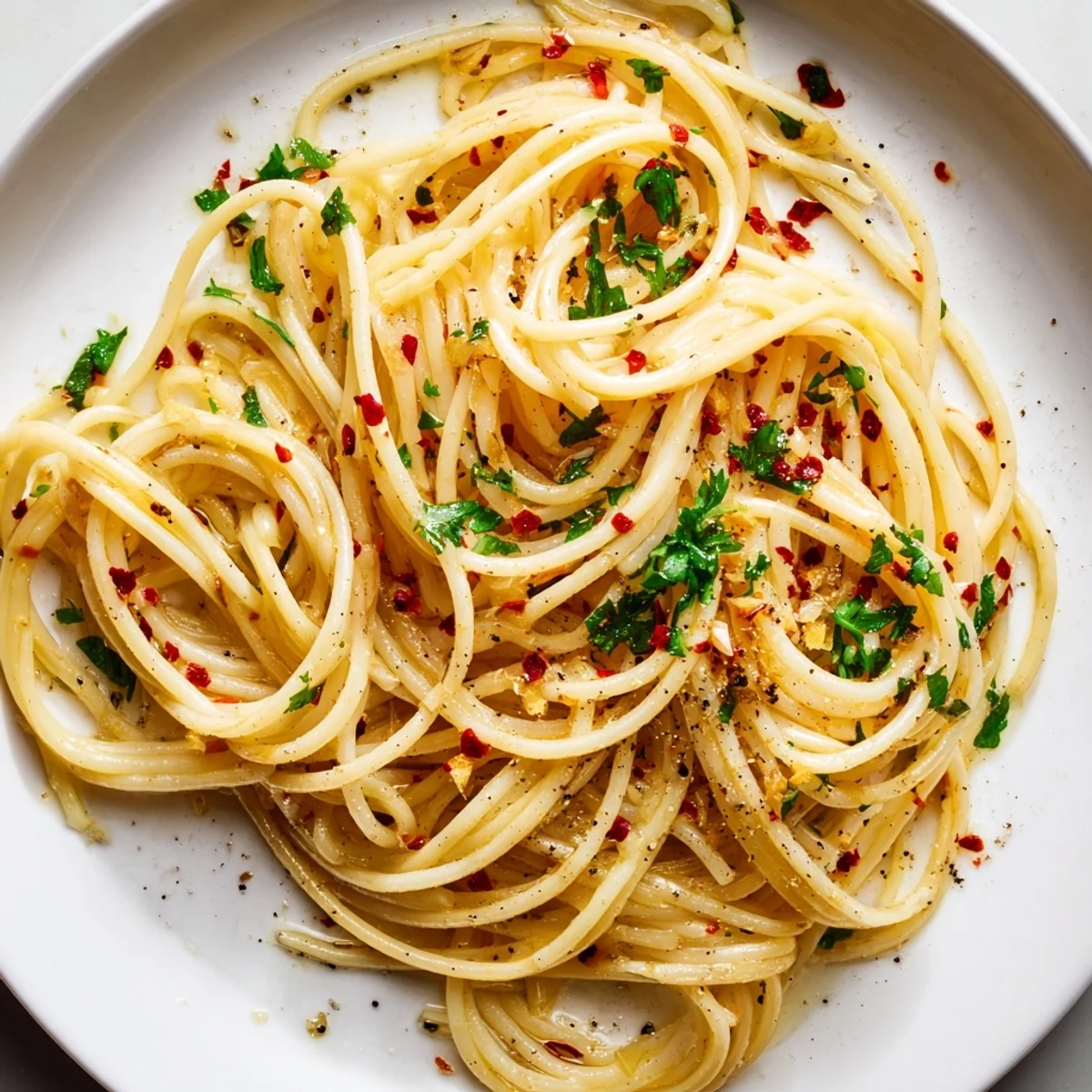Steaming Aglio e Olio Express Pasta with bright green parsley and chili flakes, ready to eat.