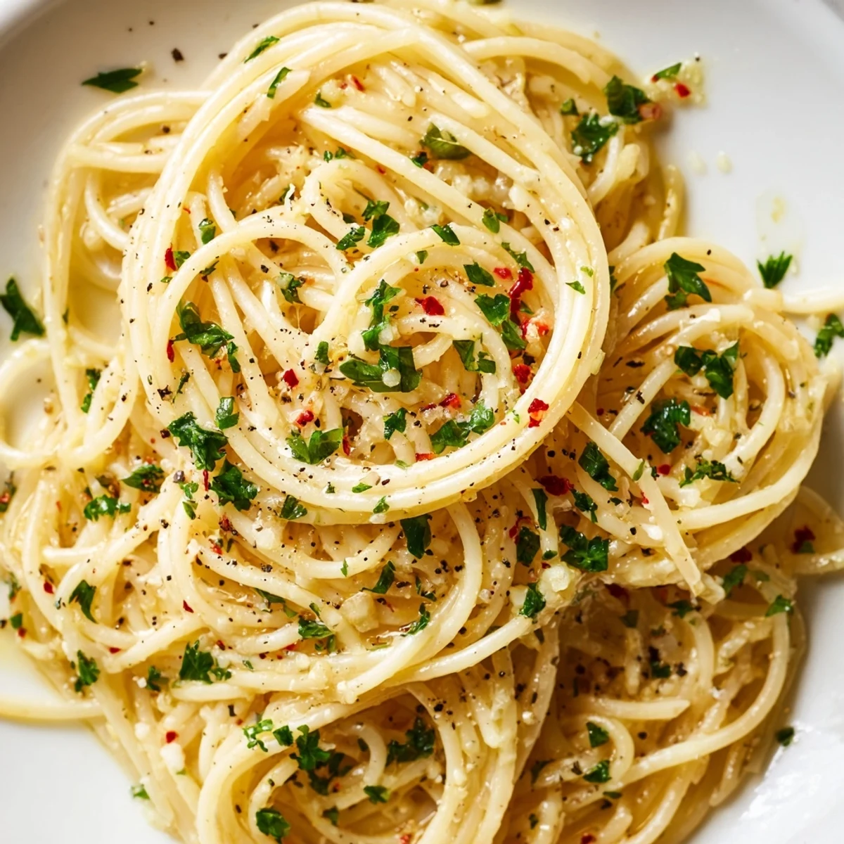 Aglio e Olio Express Pasta, glistening with olive oil, offers a quick and satisfying dinner sensation.