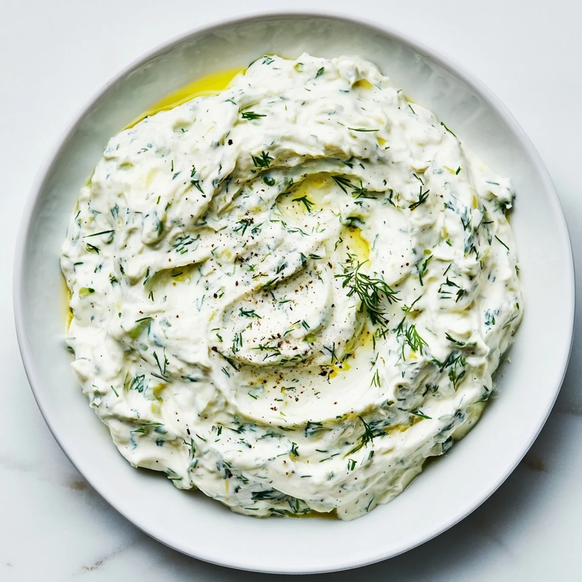 A cool, creamy Greek Yogurt Herb Dip, speckled with green herbs, perfect alongside fresh cut vegetables.