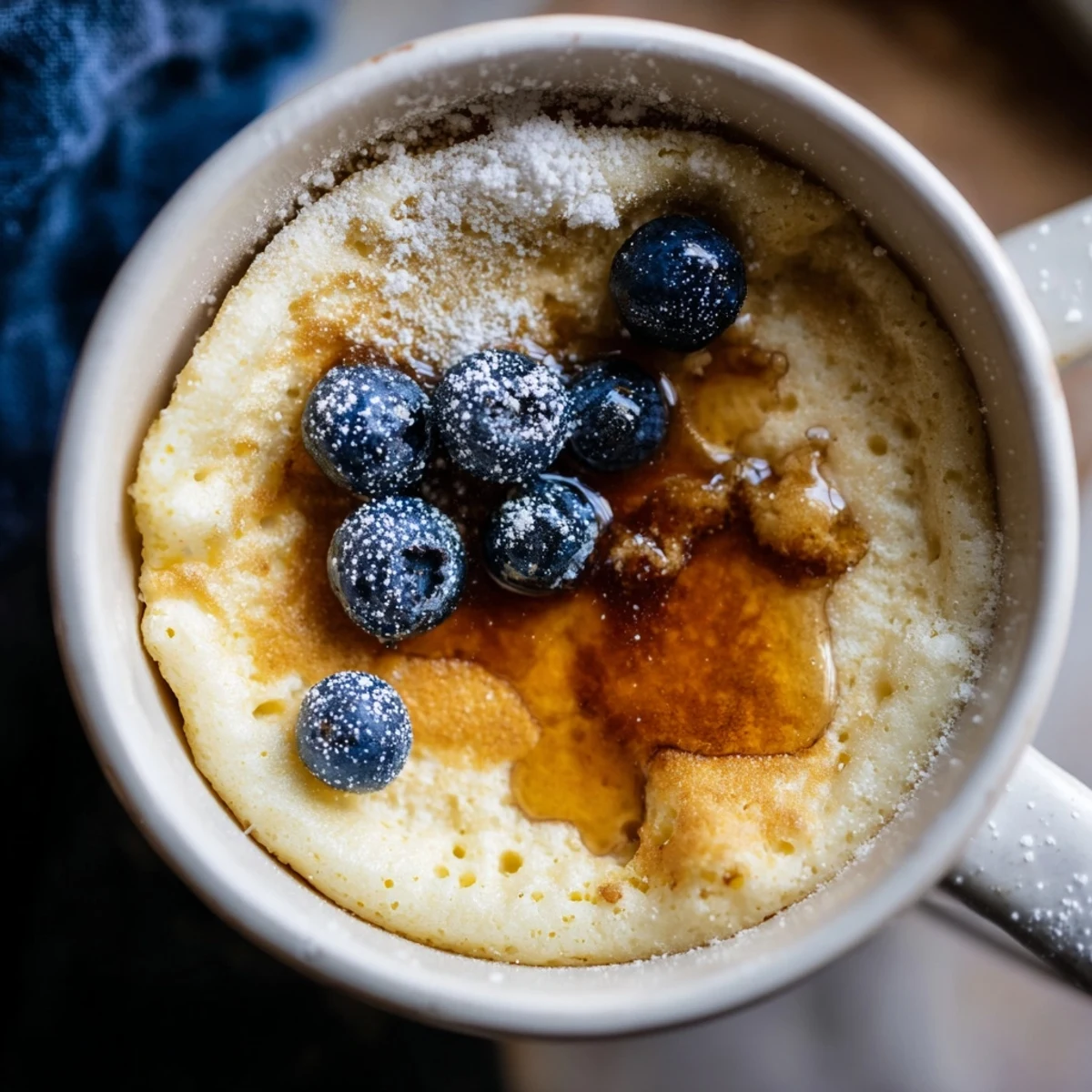 A single serving of warm microwave mug pancakes, drizzled with syrup, offers a sweet treat.