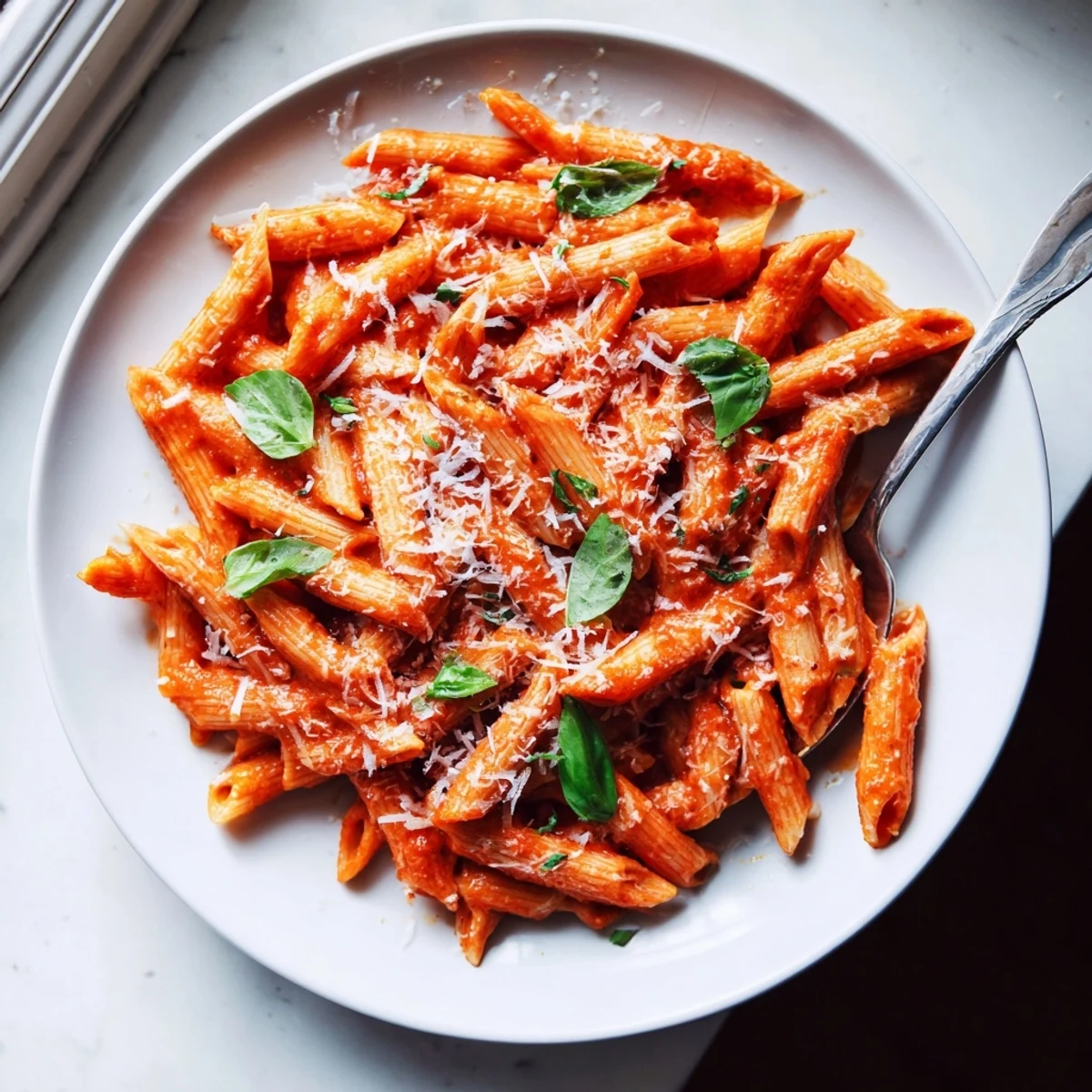 Steaming Microwave Bowl Pasta ready to eat, tossed in marinara, with fresh basil and Parmesan cheese.