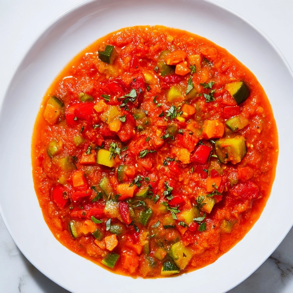 Vibrant veggie-loaded tomato pasta sauce, smooth and rich, ready to coat perfectly cooked pasta.