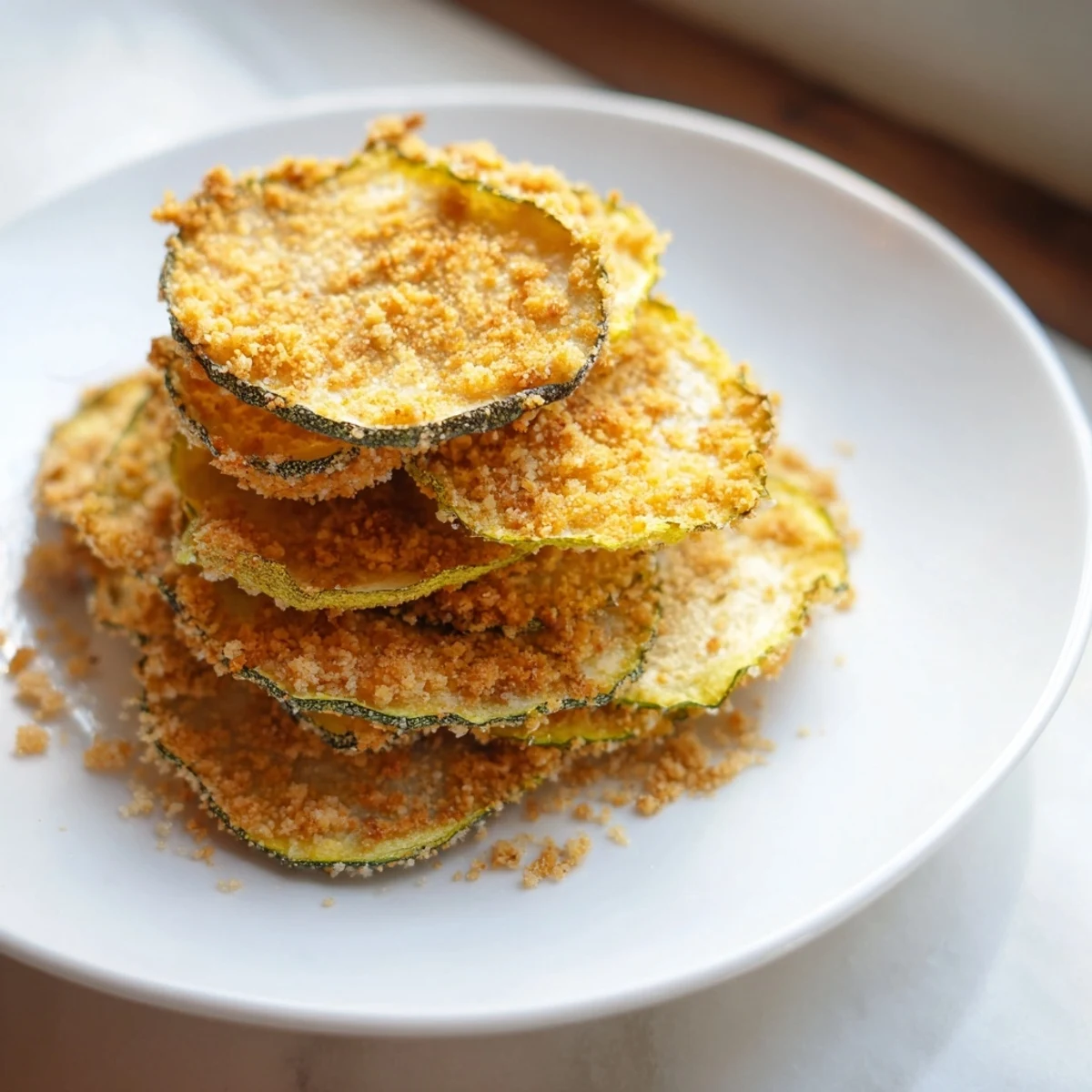 Golden, crispy Zucchini Chips, a healthier snack, arranged on a plate ready to serve.