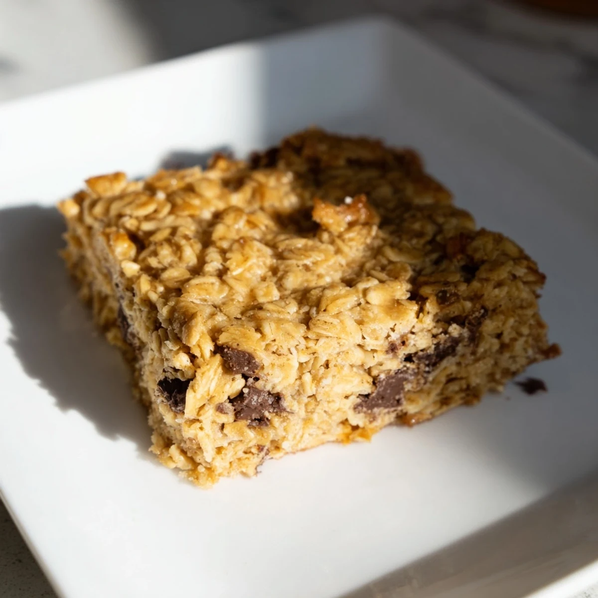 A close-up of a square of Baked Oats That Taste Like Cake, with possible chocolate chips or nut toppings.