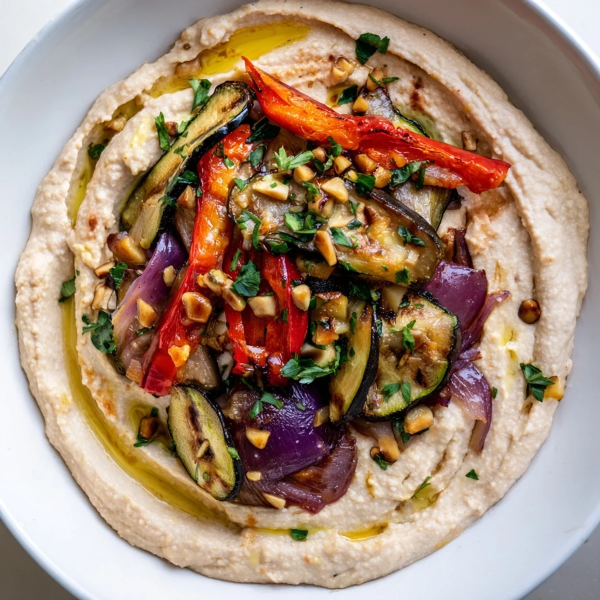 Vibrant hummus roasted veggies topped with colorful charred vegetables and toasted pine nuts; delicious Mediterranean flavors.