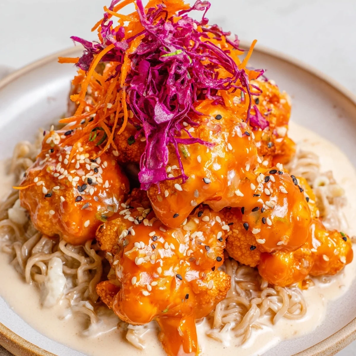 Steaming bowl of Chaos Cooking Buffalo Cauliflower Ramen with vibrant toppings and buffalo-glazed cauliflower visible.